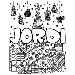 Coloriage prénom JORDI - décor Sapin et Cadeaux