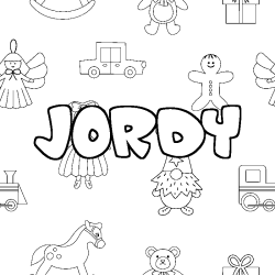 Coloriage pr&eacute;nom JORDY - d&eacute;cor Jouets