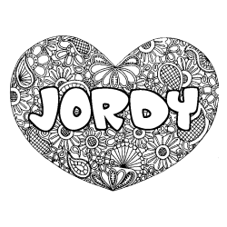 Coloriage pr&eacute;nom JORDY - d&eacute;cor Mandala coeur