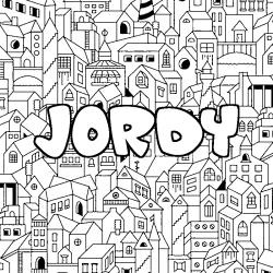 Coloriage pr&eacute;nom JORDY - d&eacute;cor Ville