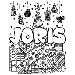 Coloriage pr&eacute;nom JORIS - d&eacute;cor Sapin et Cadeaux