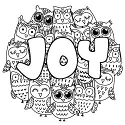 Coloriage pr&eacute;nom JOY - d&eacute;cor Chouettes