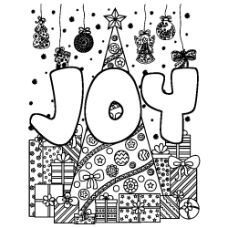 Coloriage pr&eacute;nom JOY - d&eacute;cor Sapin et Cadeaux