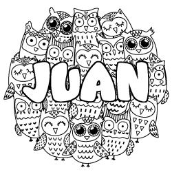 Coloriage pr&eacute;nom JUAN - d&eacute;cor Chouettes