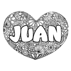 Coloriage pr&eacute;nom JUAN - d&eacute;cor Mandala coeur