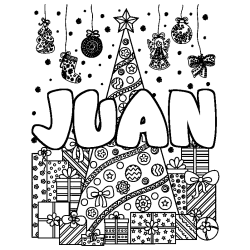 Coloriage prénom JUAN - décor Sapin et Cadeaux