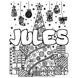 Coloriage prénom JULES - décor Sapin et Cadeaux