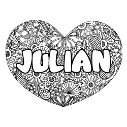 Coloriage pr&eacute;nom JULIAN - d&eacute;cor Mandala coeur