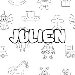 Coloriage prénom JULIEN - décor Jouets