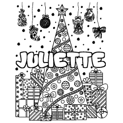 Coloriage pr&eacute;nom JULIETTE - d&eacute;cor Sapin et Cadeaux