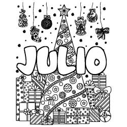 Coloriage prénom JULIO - décor Sapin et Cadeaux