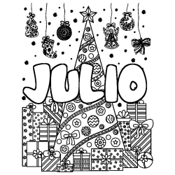 Coloriage pr&eacute;nom JULIO - d&eacute;cor Sapin et Cadeaux