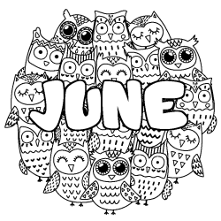 Coloriage pr&eacute;nom JUNE - d&eacute;cor Chouettes