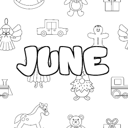 Coloriage pr&eacute;nom JUNE - d&eacute;cor Jouets