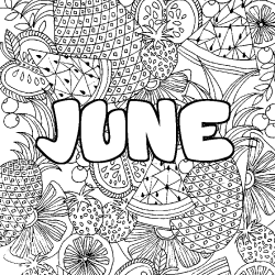 Coloriage pr&eacute;nom JUNE - d&eacute;cor Mandala fruits