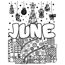 Coloriage pr&eacute;nom JUNE - d&eacute;cor Sapin et Cadeaux