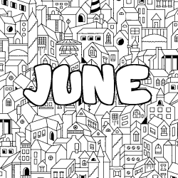 Coloriage pr&eacute;nom JUNE - d&eacute;cor Ville