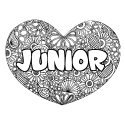 Coloriage pr&eacute;nom JUNIOR - d&eacute;cor Mandala coeur