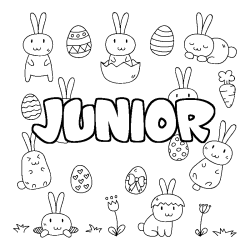 Coloriage pr&eacute;nom JUNIOR - d&eacute;cor Paques