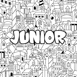 Coloriage pr&eacute;nom JUNIOR - d&eacute;cor Ville