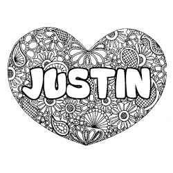 Coloriage pr&eacute;nom JUSTIN - d&eacute;cor Mandala coeur