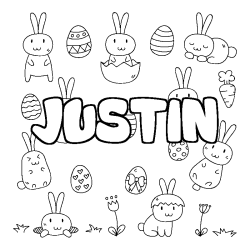 Coloriage pr&eacute;nom JUSTIN - d&eacute;cor Paques
