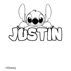 Coloriage pr&eacute;nom JUSTIN - d&eacute;cor Stitch