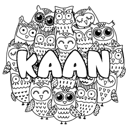Coloriage pr&eacute;nom KAAN - d&eacute;cor Chouettes