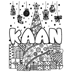 Coloriage pr&eacute;nom KAAN - d&eacute;cor Sapin et Cadeaux