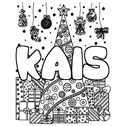 Coloriage pr&eacute;nom KAIS - d&eacute;cor Sapin et Cadeaux