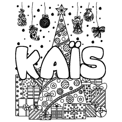 Coloriage pr&eacute;nom KA&Iuml;S - d&eacute;cor Sapin et Cadeaux