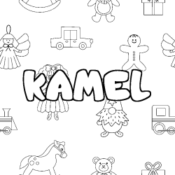 Coloriage pr&eacute;nom KAMEL - d&eacute;cor Jouets