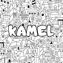 Coloriage pr&eacute;nom KAMEL - d&eacute;cor Ville