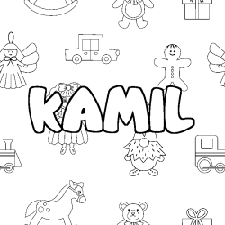 Coloriage prénom KAMIL - décor Jouets