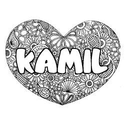 Coloriage prénom KAMIL - décor Mandala coeur
