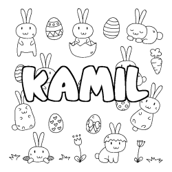 Coloriage prénom KAMIL - décor Paques