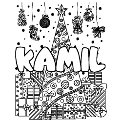 Coloriage prénom KAMIL - décor Sapin et Cadeaux