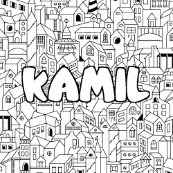 Coloriage pr&eacute;nom KAMIL - d&eacute;cor Ville
