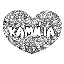 Coloriage prénom KAMILIA - décor Mandala coeur