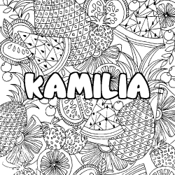 Coloriage pr&eacute;nom KAMILIA - d&eacute;cor Mandala fruits