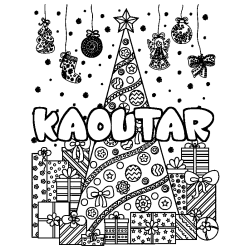 Coloriage pr&eacute;nom KAOUTAR - d&eacute;cor Sapin et Cadeaux