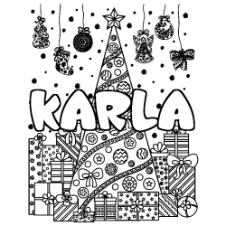 Coloriage prénom KARLA - décor Sapin et Cadeaux