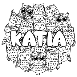 Coloriage prénom KATIA - décor Chouettes