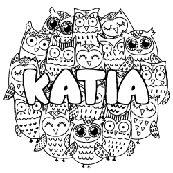 Coloriage pr&eacute;nom KATIA - d&eacute;cor Chouettes