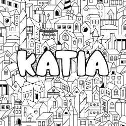Coloriage pr&eacute;nom KATIA - d&eacute;cor Ville