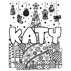 Coloriage prénom KATY - décor Sapin et Cadeaux