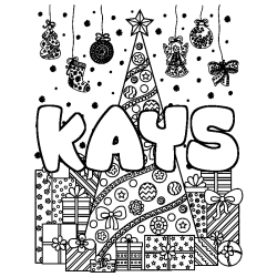 Coloriage prénom KAYS - décor Sapin et Cadeaux