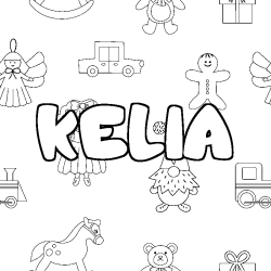 Coloriage pr&eacute;nom KELIA - d&eacute;cor Jouets