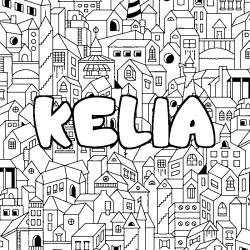 Coloriage pr&eacute;nom KELIA - d&eacute;cor Ville