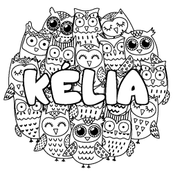 Coloriage pr&eacute;nom K&Eacute;LIA - d&eacute;cor Chouettes